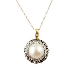 Vintage 10K Yellow Gold Pearl Diamond Pendant With Chain #13509
